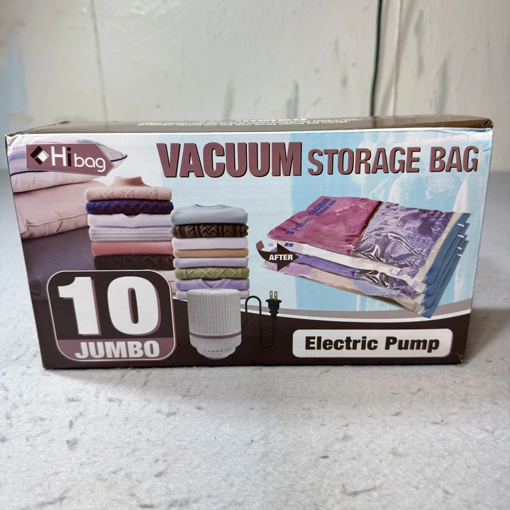 Hibag Vacuum Storage Bags 10 Jumbo Pack with Electric Pump Clear Good Condition